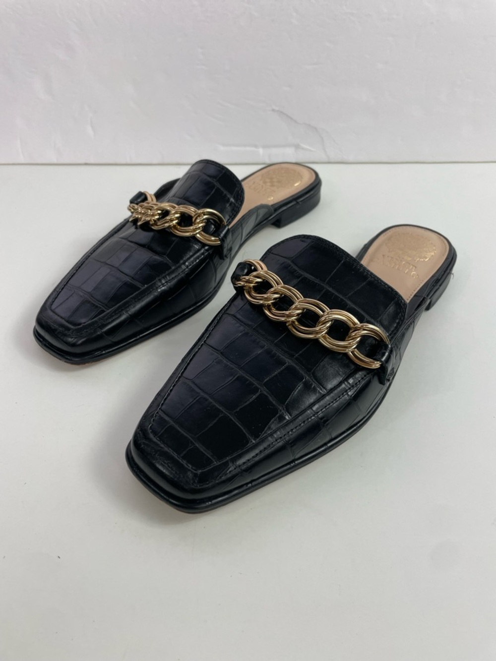 Vince Camuto Rachey Black Croc-Patterned Leather Mule Slides with Gold Chain